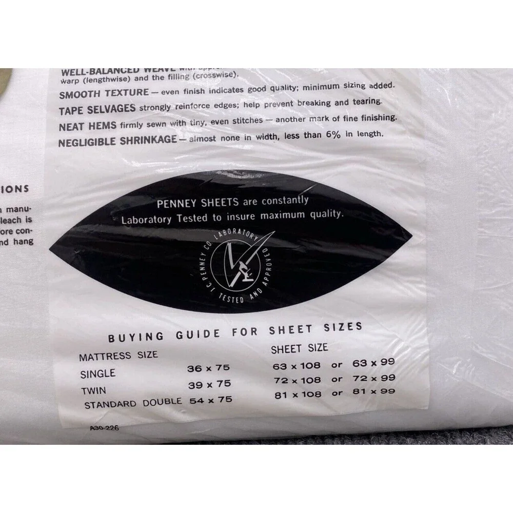 vintage Penney’s Penco Superior Muslin Sheet White Double Bed 81x108 NOS